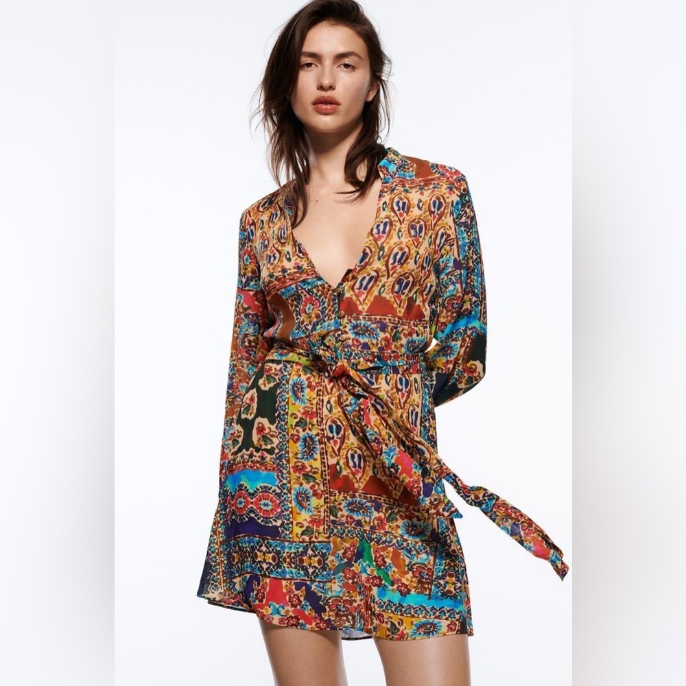 ZARA MINI DRESS CHIFFON BELT SHORT PRINTED BELTED DRESS XL